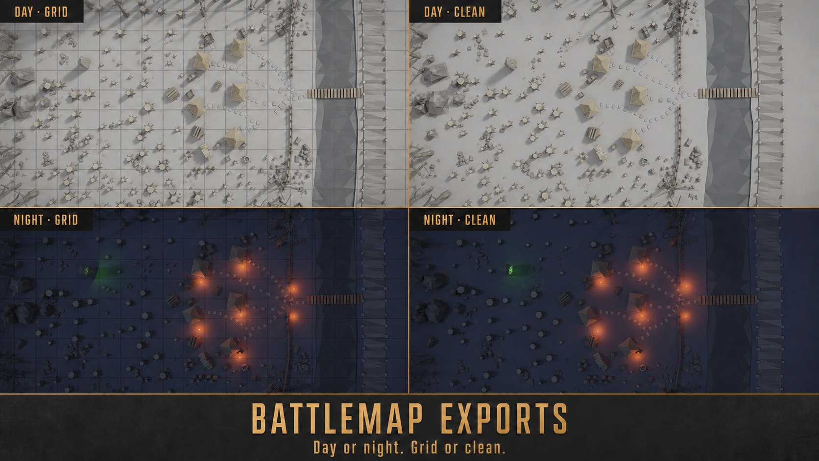 Fabulorium battle map exports by day and night, with and without a grid