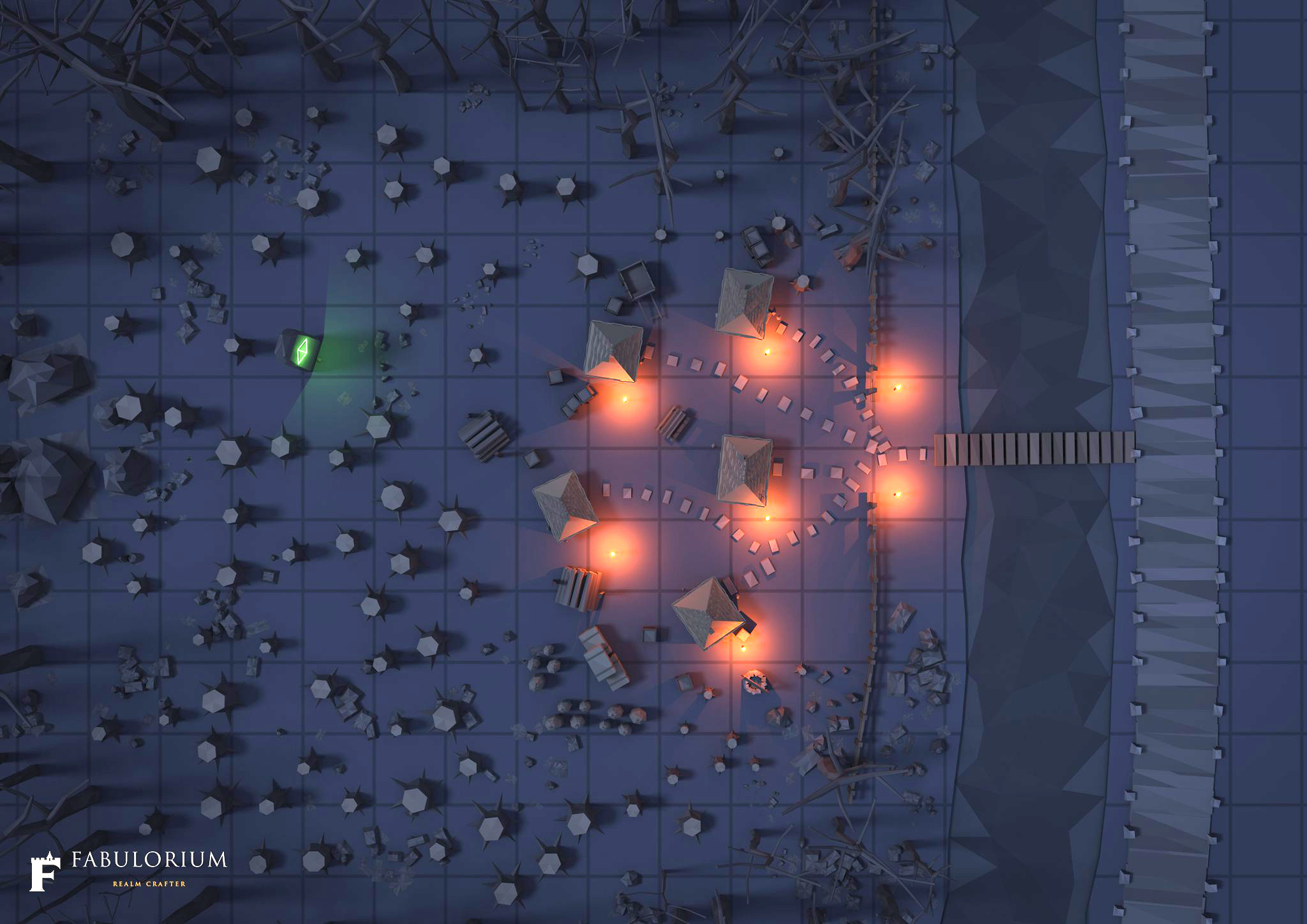 Karrholt at night: torchlit cottages around a glowing green monolith, with a gridded top-down layout